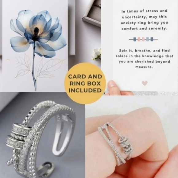 Anxiety Fidget Adjustable Silver Gift Women Stress Relief Ring with Floral card - Picture 1 of 6